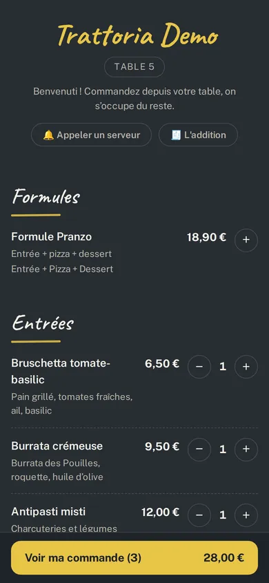 Carte client d'Ardoise sur téléphone : entrées avec prix et quantités, bouton Voir ma commande avec le total.