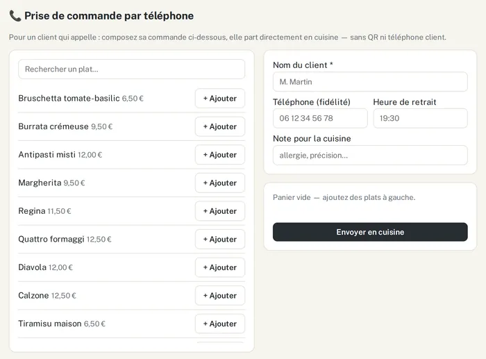 Écran de prise de commande par téléphone : liste des plats à ajouter, nom du client, téléphone, heure de retrait et bouton Envoyer en cuisine.