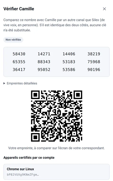 Fenêtre de vérification d'identité : numéro de sécurité en douze groupes de cinq chiffres et QR code d'empreinte.